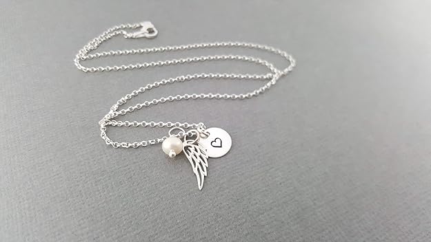 Angel Wing Necklace With Pearl & Heart Disc