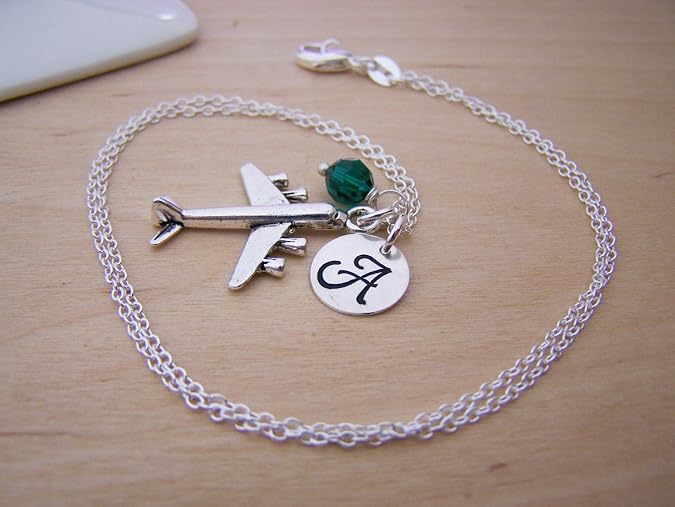 Airplane Charm Necklace – Personalized Initial & Birthstone – Travel Gift