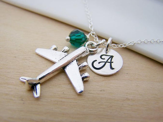 Airplane Charm Necklace – Personalized Initial & Birthstone – Travel Gift