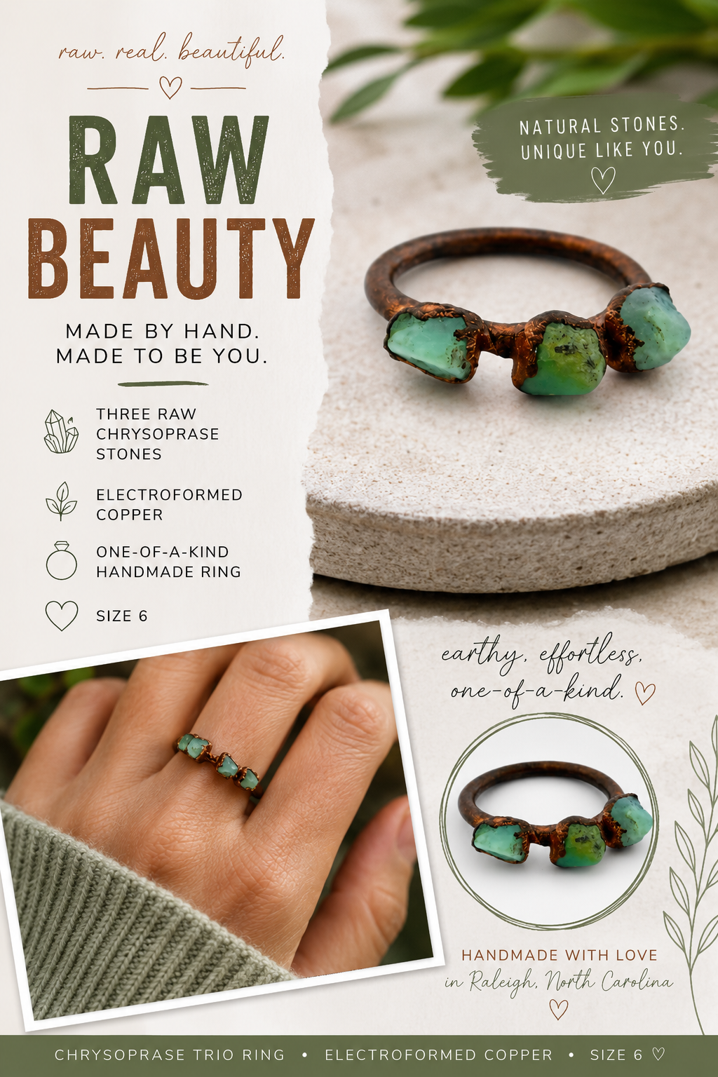 Chrysoprase Trio Ring – Electroformed Copper Ring – Raw Stone Statement Ring – Size 6