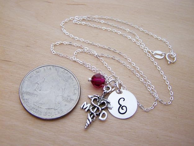 MD Necklace Personalized Initial Birthstone Necklace Doctor Gift Sterling Silver Medical Charm Necklace Graduation Gift for Doctor
