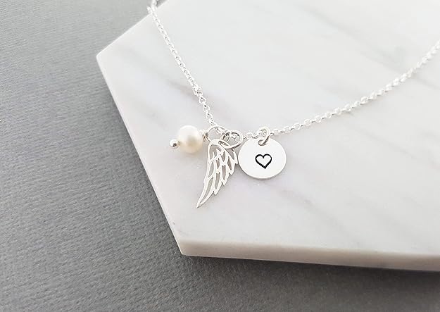 Angel Wing Necklace With Pearl & Heart Disc