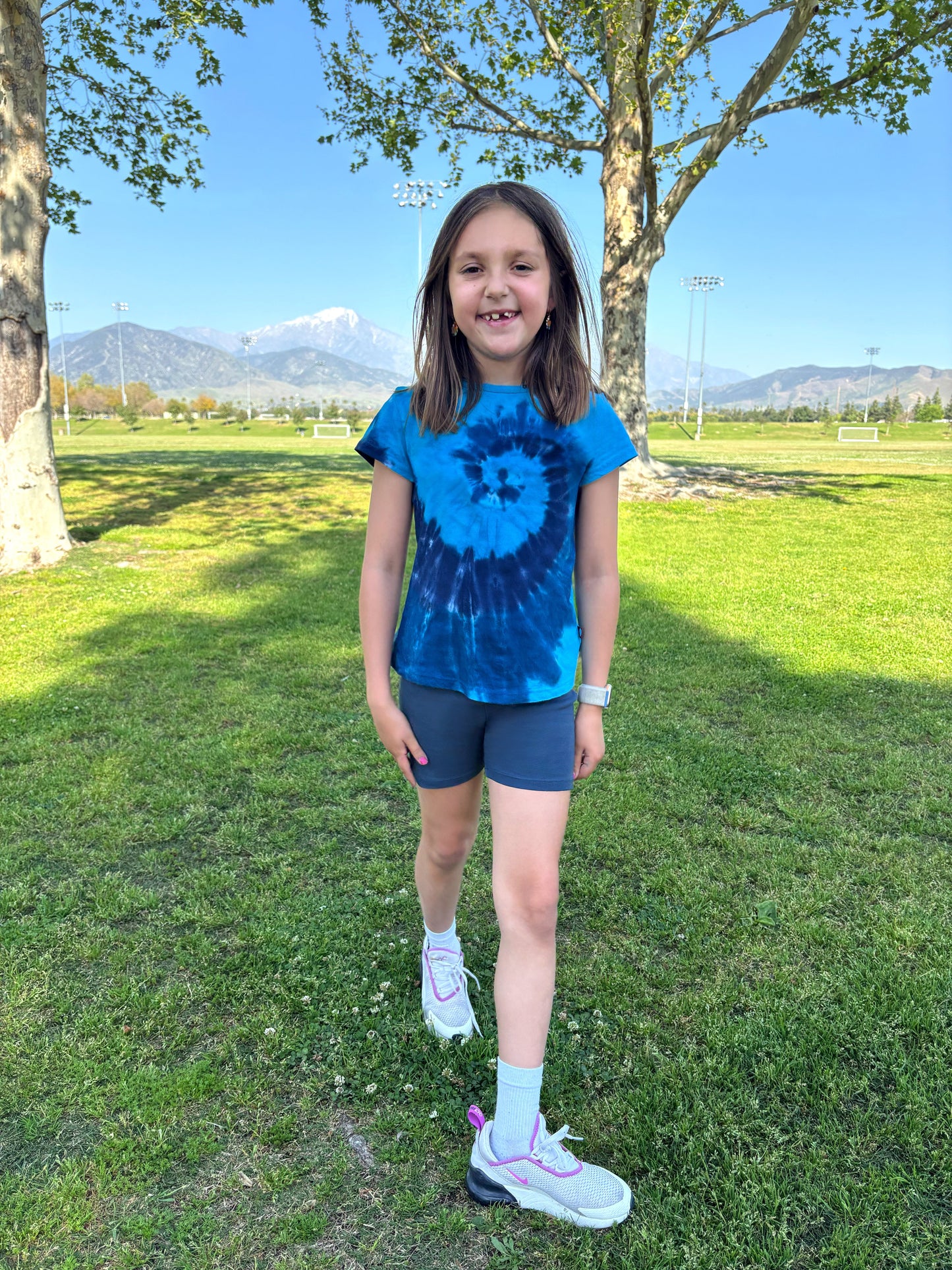 Girls Tie-Dye Soft 100% Organic Cotton Jersey Cap Sleeve Crew Tee | Blues Spiral