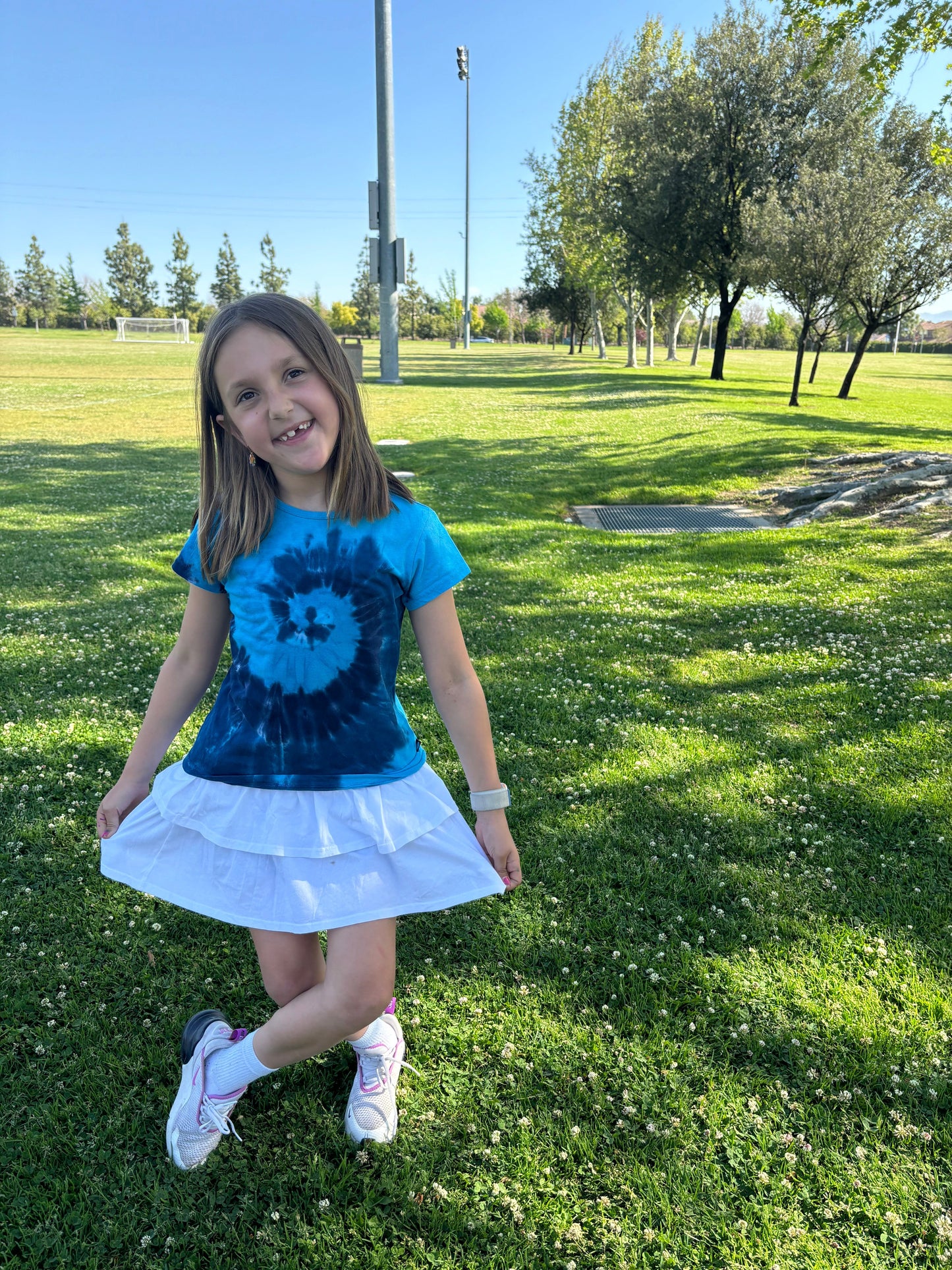 Girls Tie-Dye Soft 100% Organic Cotton Jersey Cap Sleeve Crew Tee | Blues Spiral