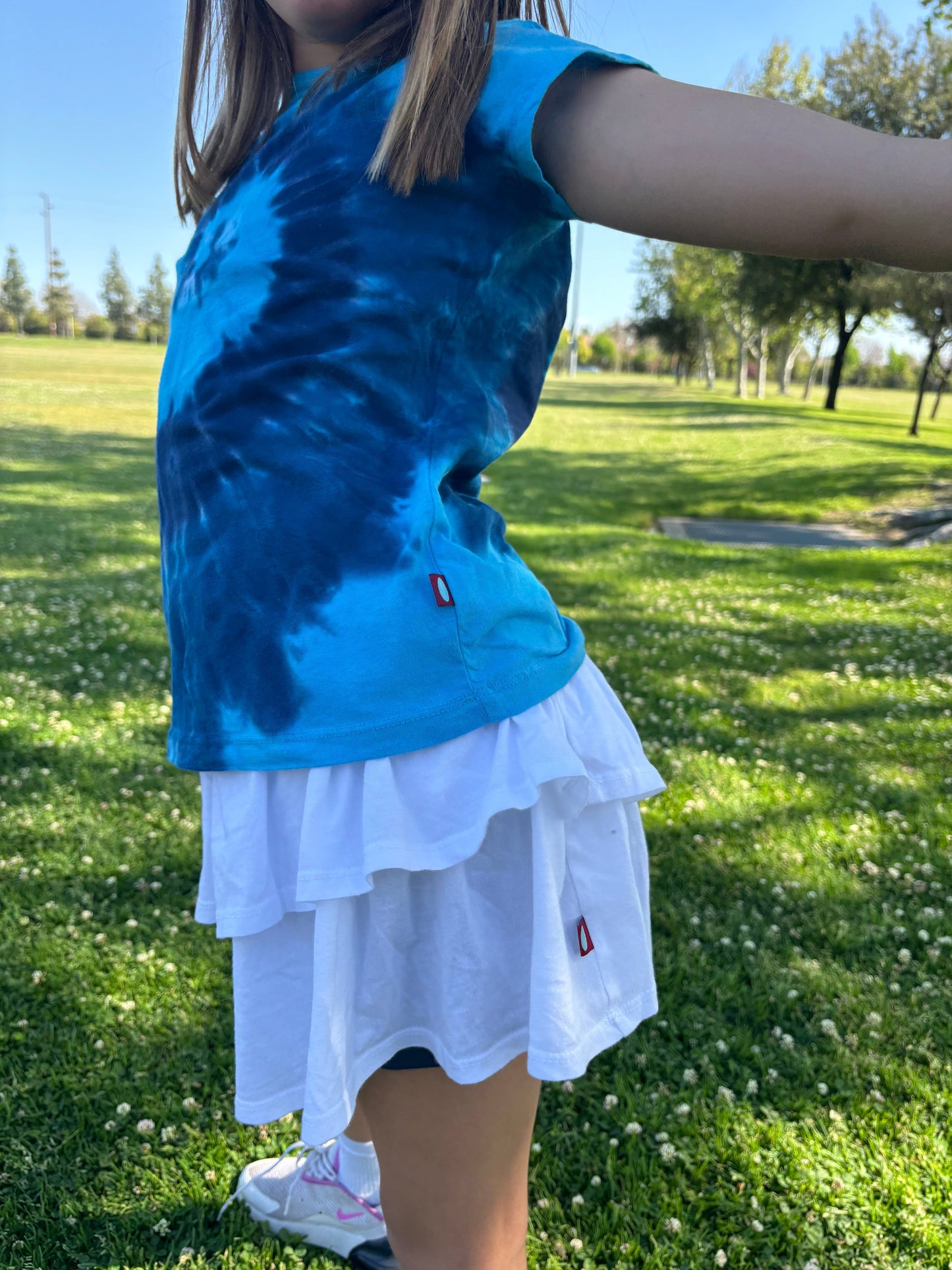 Girls Tie-Dye Soft 100% Organic Cotton Jersey Cap Sleeve Crew Tee | Blues Spiral