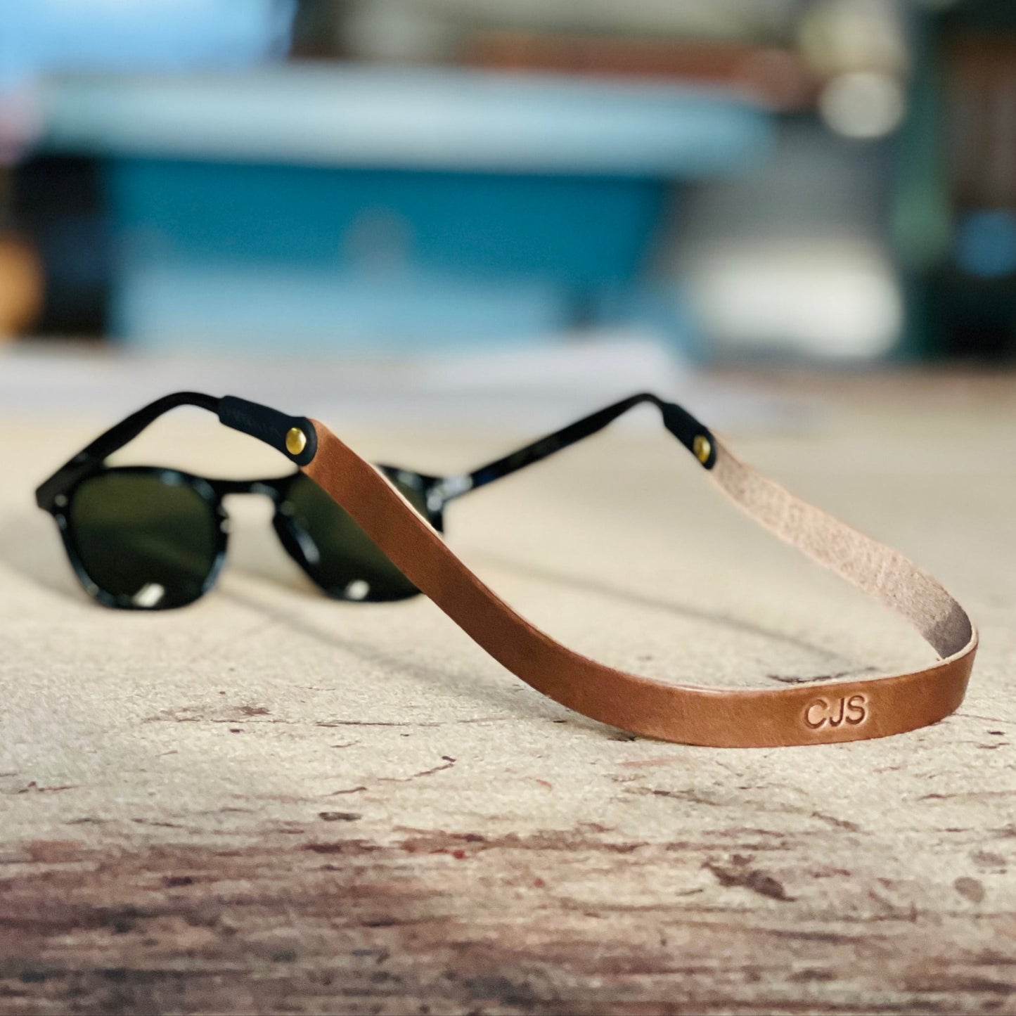 Monogrammed Leather Sunglass Strap (Waxed Classic Style)