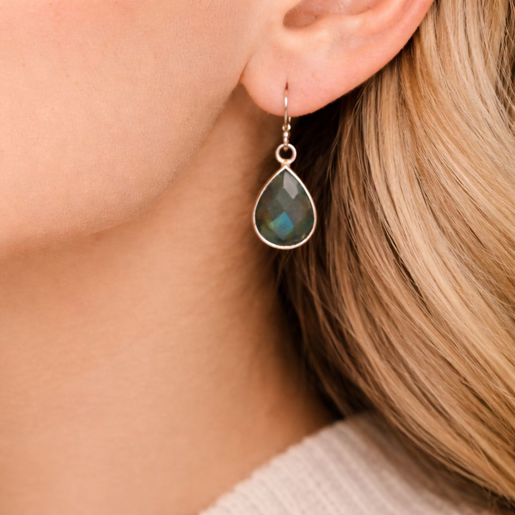 Dainty Labradorite Drop Earrings – Sterling Silver