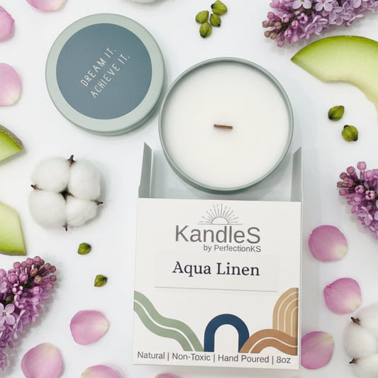 Aqua Linen Luxury Candle | 8oz Non-Toxic Soy Candle with Wooden Wick | Clean Burn