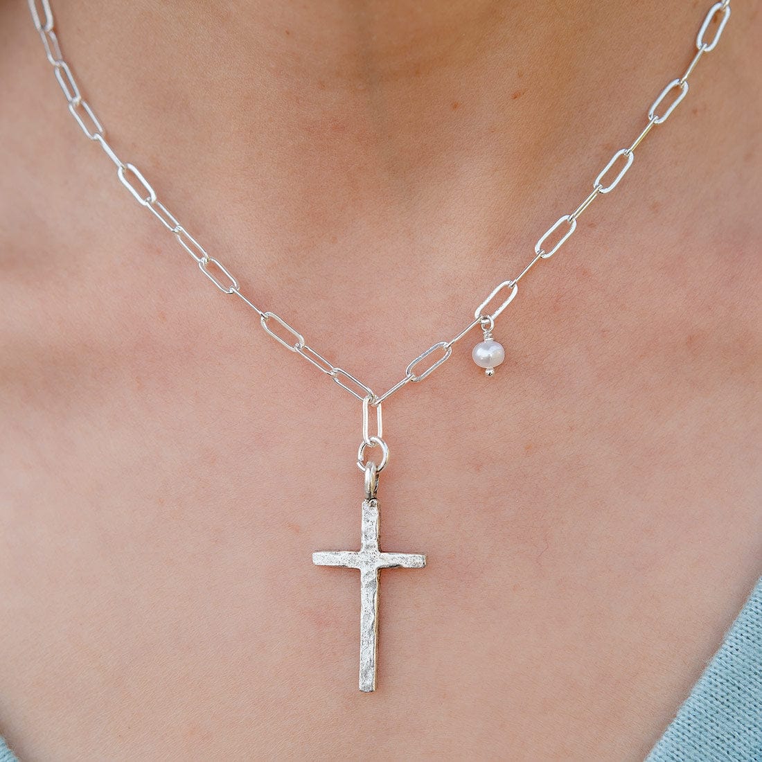 Adina Hammered Silver Cross Necklace with Freshwater Pearl | Handmade Faith Jewelry