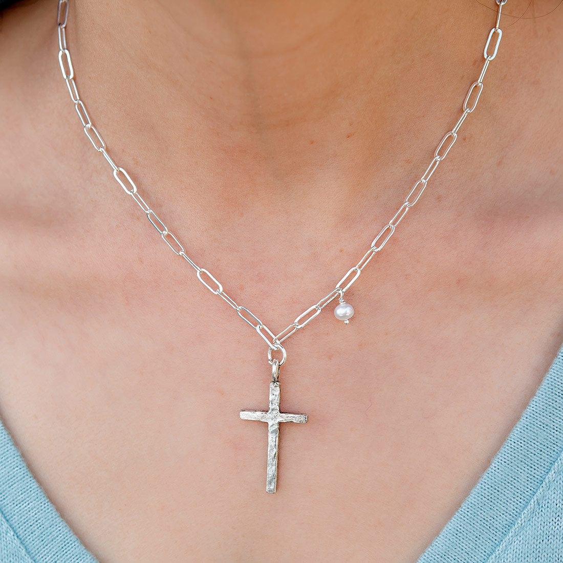 Adina Hammered Silver Cross Necklace with Freshwater Pearl | Handmade Faith Jewelry