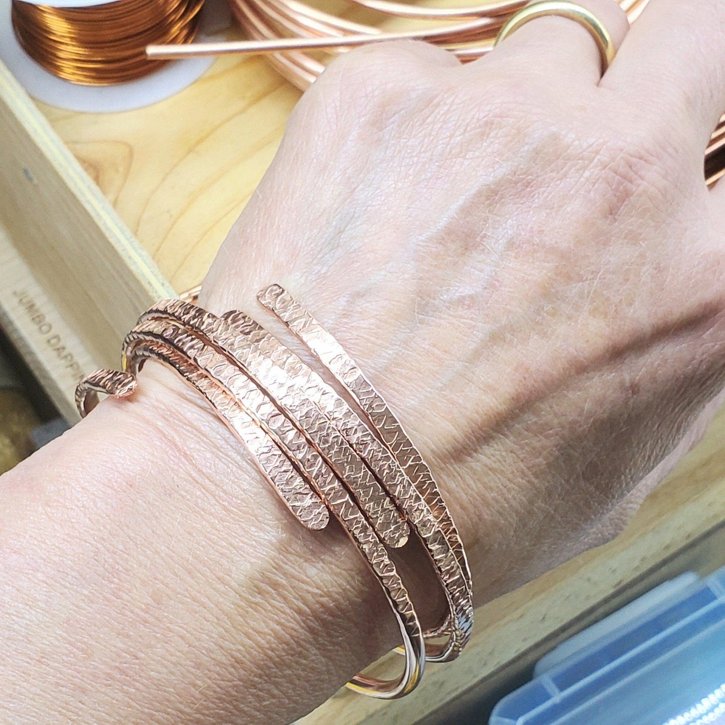 8 Gauge Adjustable Hammered Copper Overlap Bangle For Him or Her