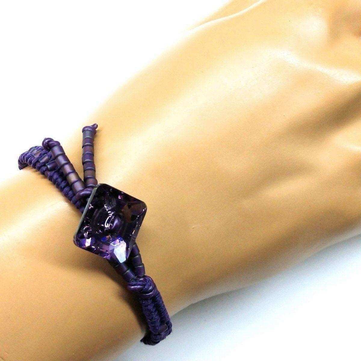 Amethyst Braided Leather Swarovski Crystal Square Button Bracelet