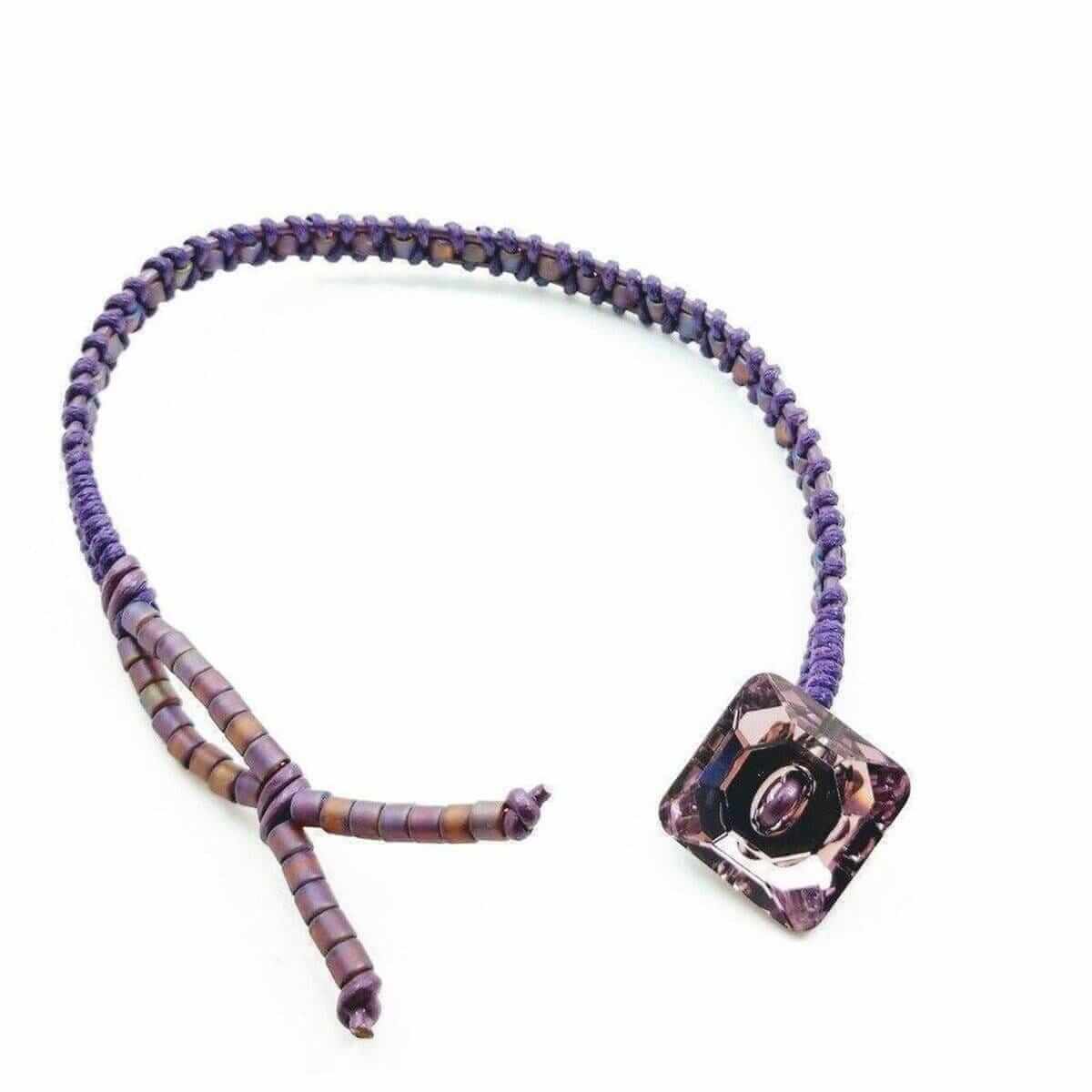 Amethyst Braided Leather Swarovski Crystal Square Button Bracelet