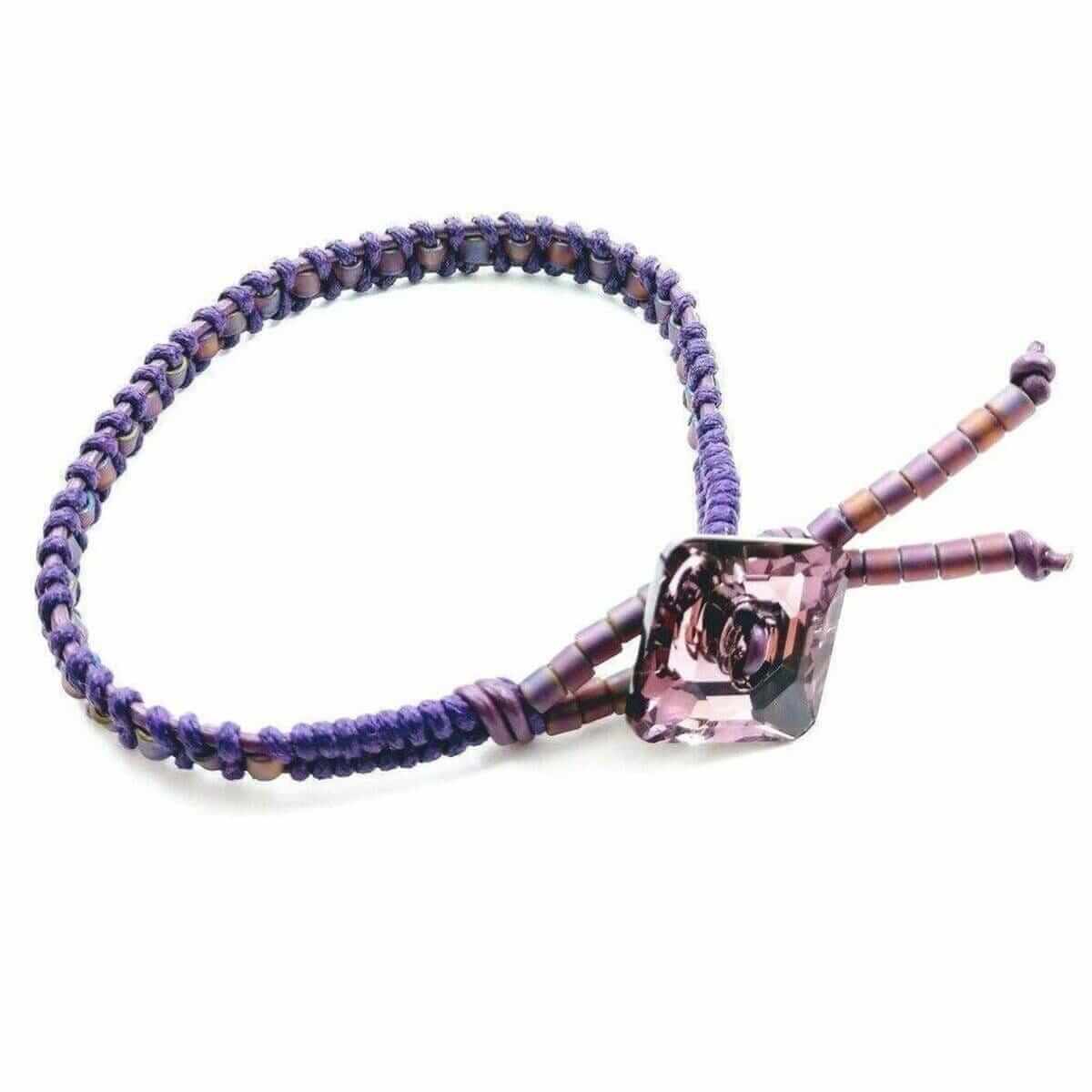 Amethyst Braided Leather Swarovski Crystal Square Button Bracelet