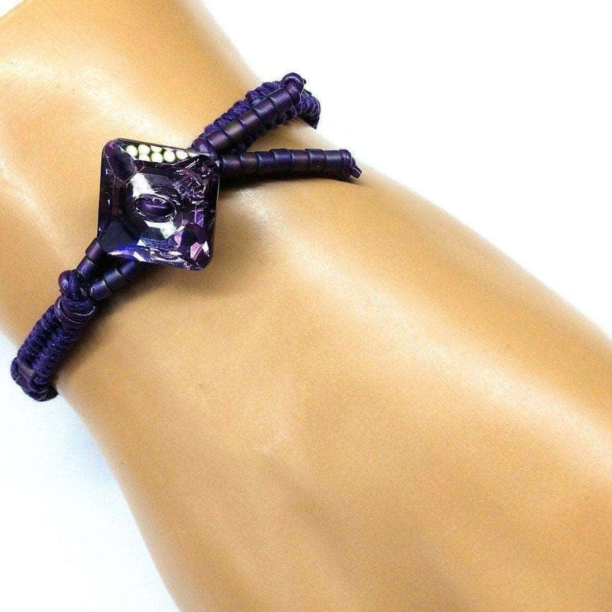 Amethyst Braided Leather Swarovski Crystal Square Button Bracelet