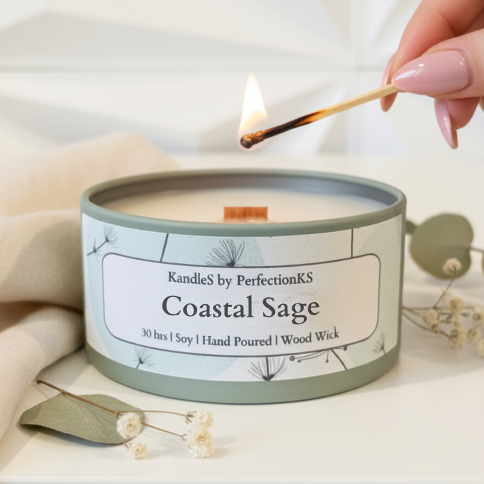 Coastal Sage Luxury Candle | 8oz Non-Toxic Soy Candle with Wooden Wick | Clean Burn
