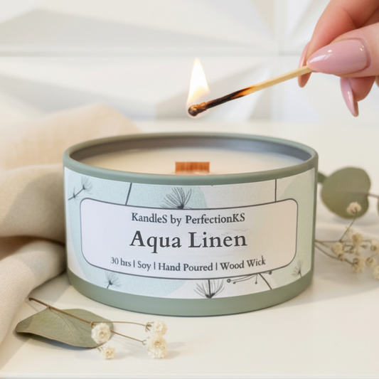 Aqua Linen Luxury Candle | 8oz Non-Toxic Soy Candle with Wooden Wick | Clean Burn