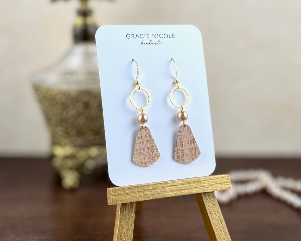 Dusty Pink Earrings with Faux Pearls and Gold Circle Accents