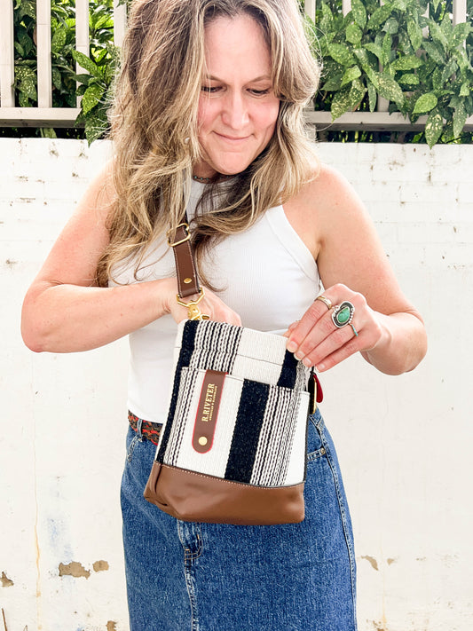 Betsy | Black and White Woven + Brown Leather