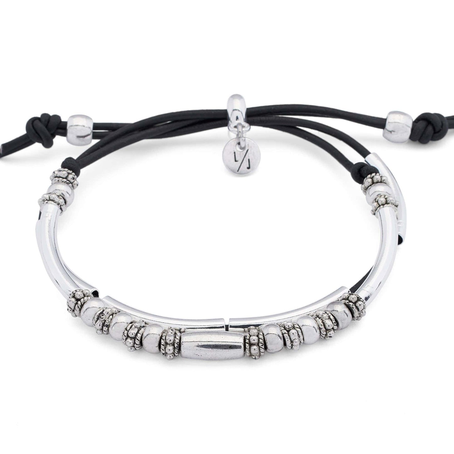 Bijou Silver Adjustable Bracelet in Black Leather for Women