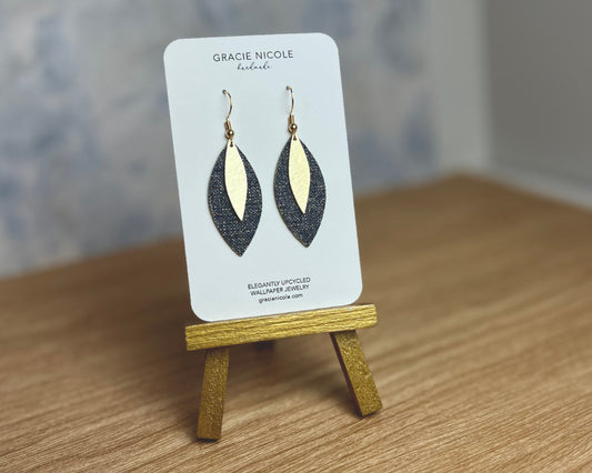 Denim Blue Earrings Marquise Earrings with Gold Leaf Charms