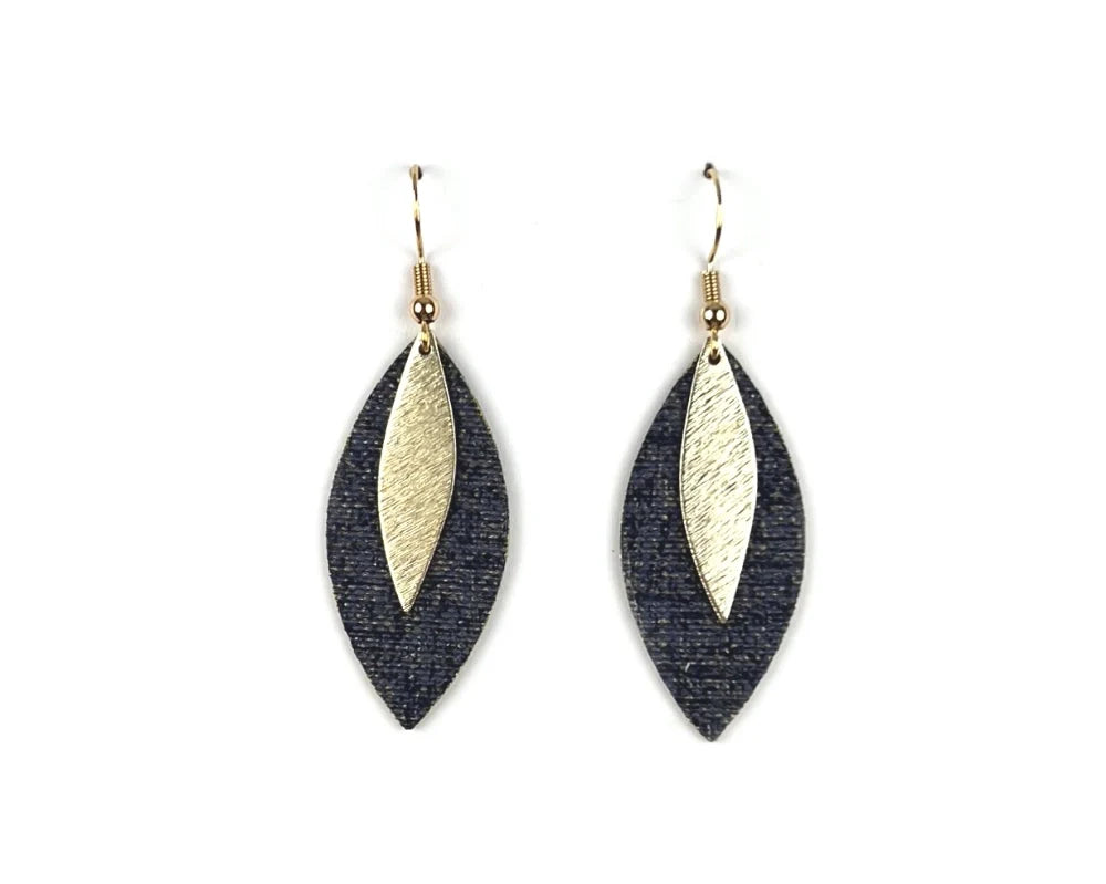 Denim Blue Earrings Marquise Earrings with Gold Leaf Charms