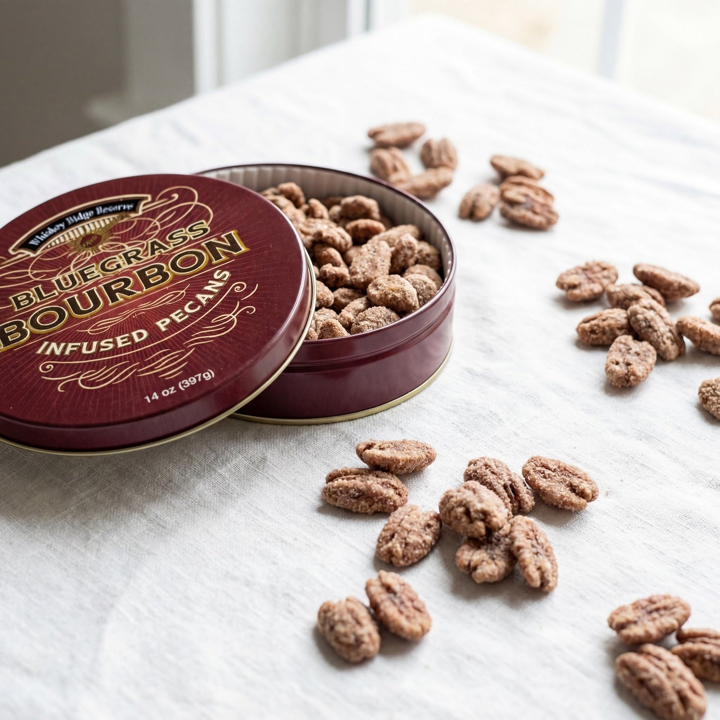 Whiskey Ridge Reserve Bourbon Infused Pecans – 14 oz Tin