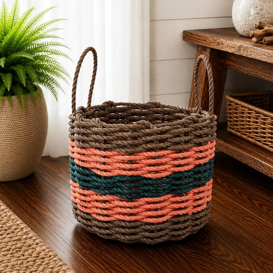Brown, Orange & Hunter Green Five Stripe Rope Basket