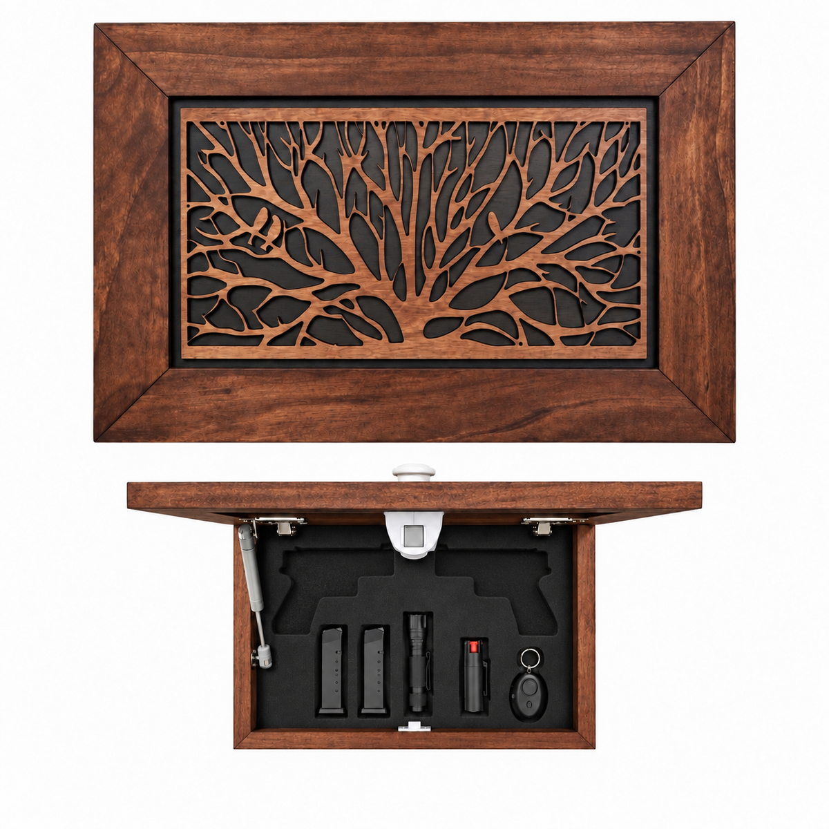 Gun Concealment Furniture - Hidden Gun Safe with Birds in a Tree Design - Fits 2 Handguns & Magazines - Wall Mounted Gun Storage with Magnetic Lock - Made in USA