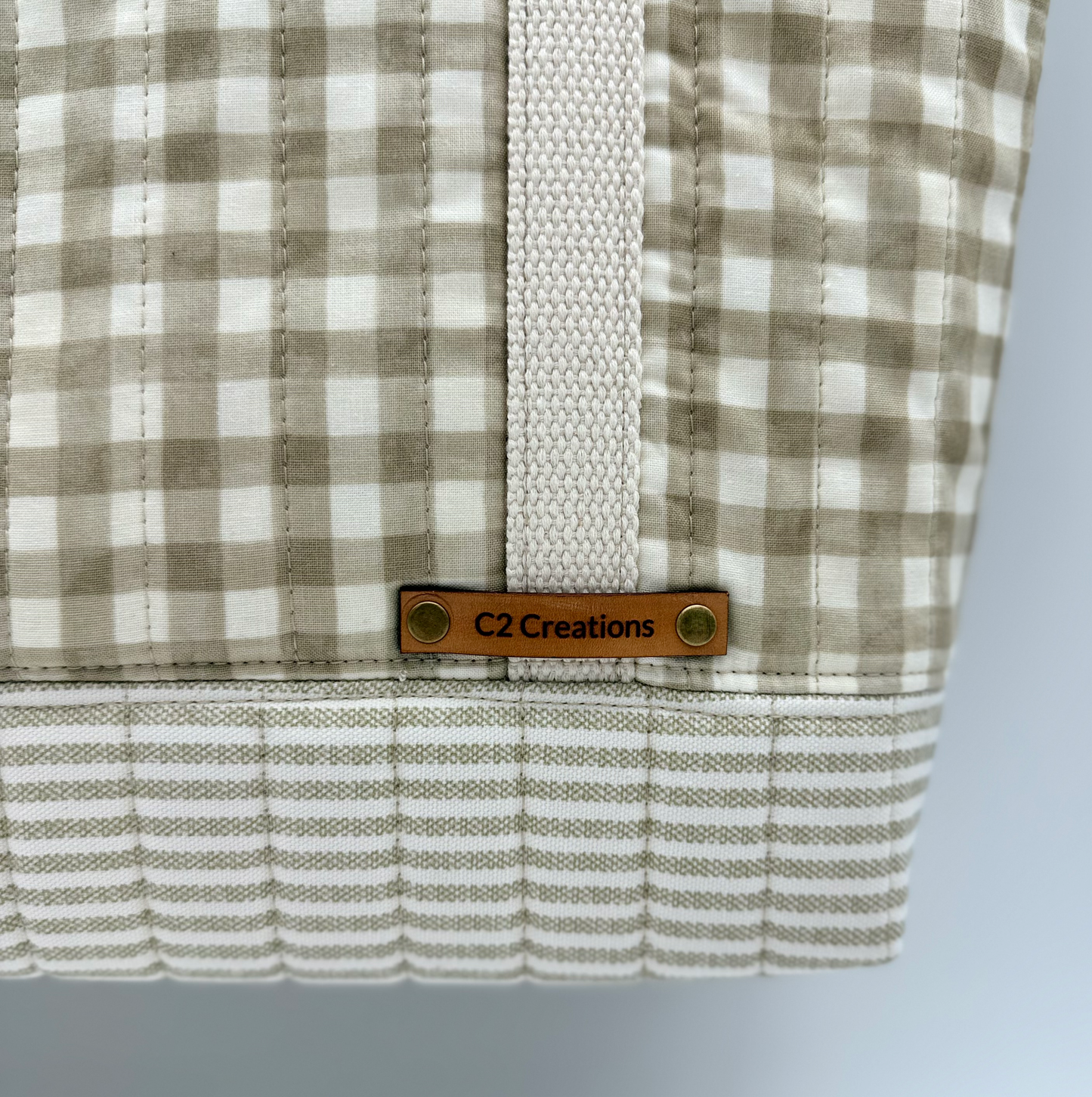 Handmade Gingham Tote Bag in Taupe & Cream with Quilted Bottom