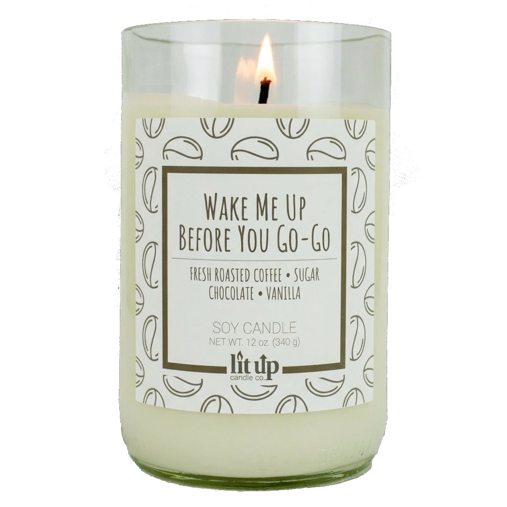 Wake Me Up Before You Go-Go scented 12 oz. soy candle in upcycled wine bottle | Coffee, Chocolate, Vanilla
