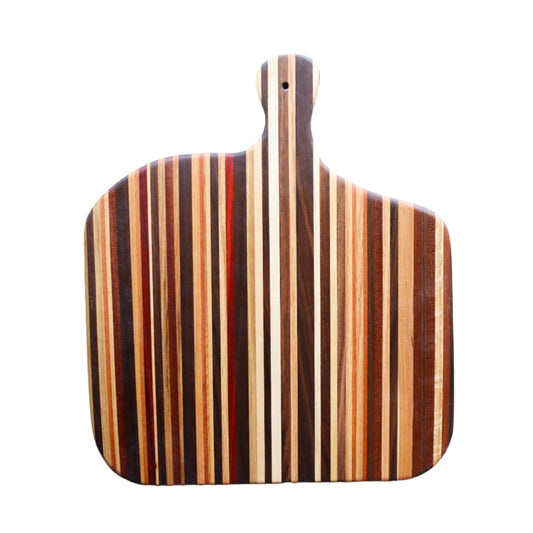 Wooden cutting board with striped pattern on a white background