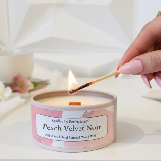 Peach Velvet Noir Luxury Candle | 8oz Non-Toxic Soy Candle with Wooden Wick | Clean Burn