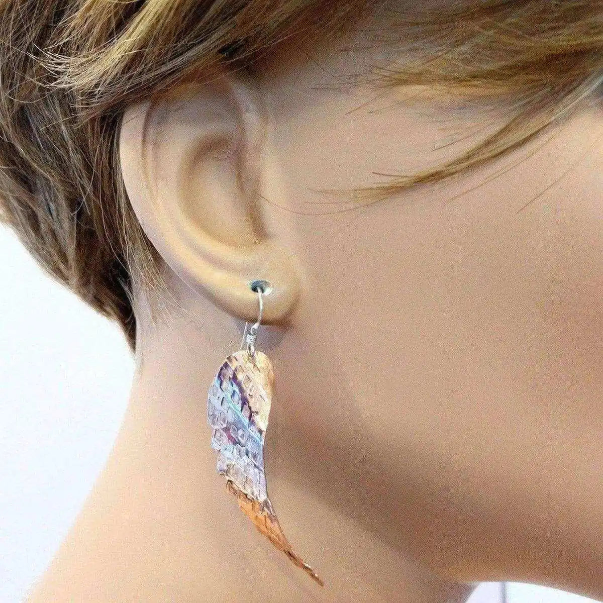 Copper Hammer Pattern Sculpted Angel Wings Earrings