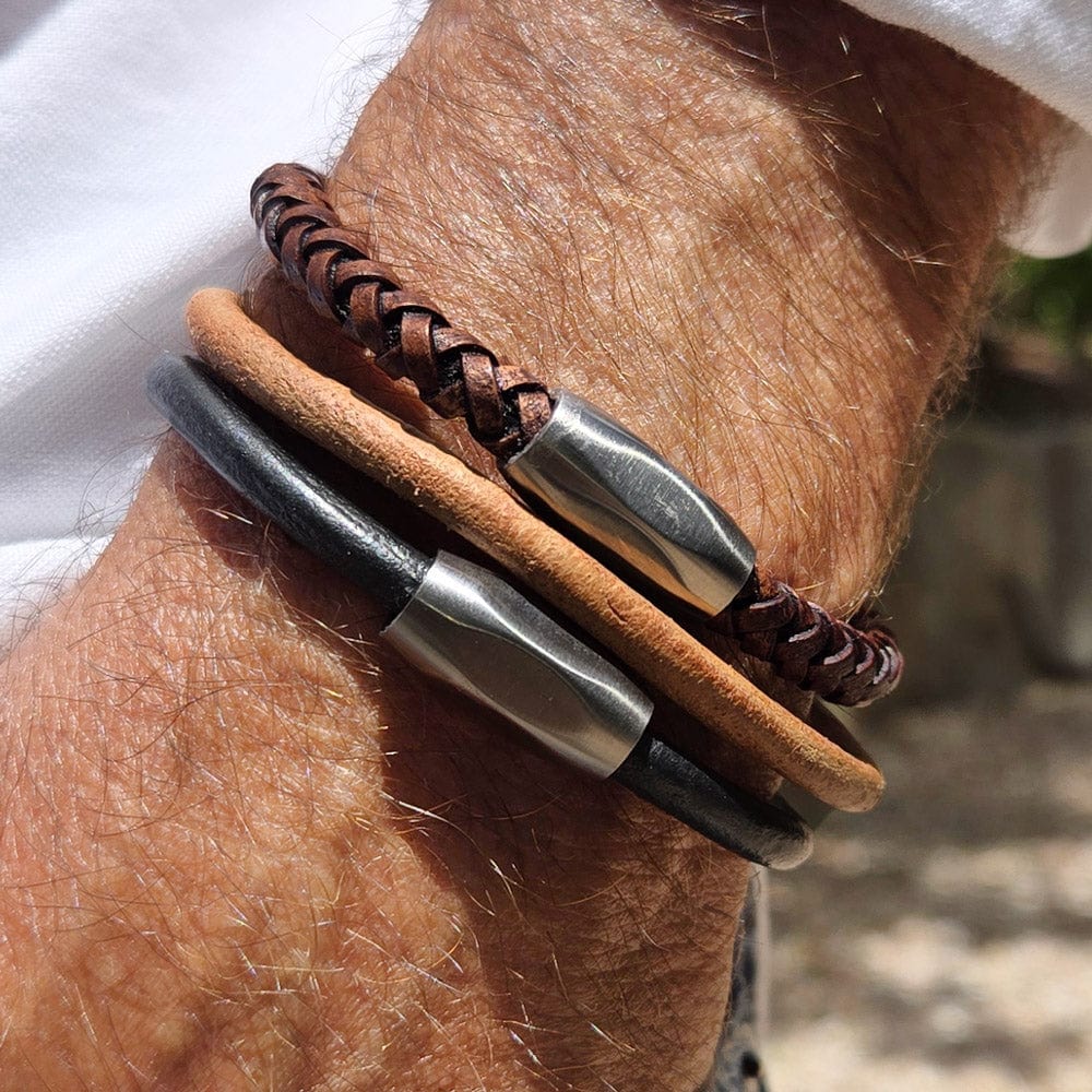 Men's Tan Leather Bracelet w Magnetic Clasp