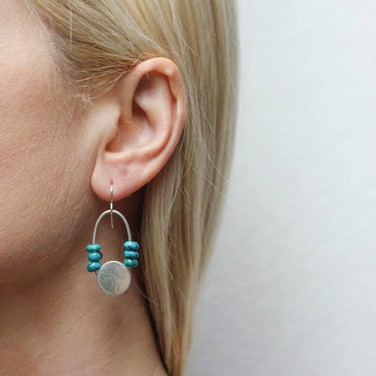 Large Disc with Oval Ring and Turquoise Beads Wire Earrings