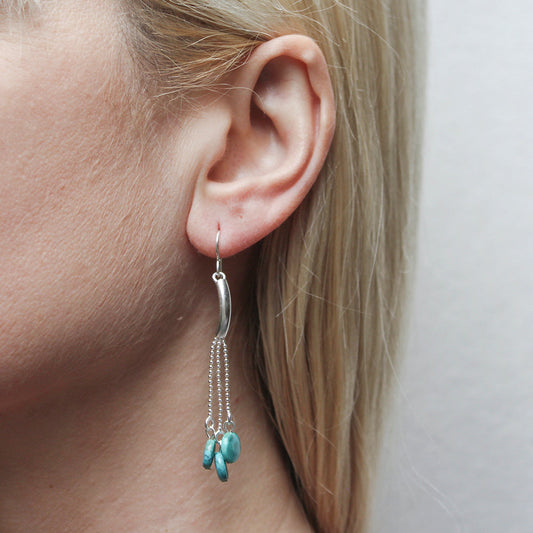 Curved Tube with Ball Chain and Turquoise Beads Wire Earrings