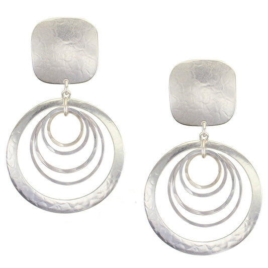 Large Square with Cutout Disc with Hammered Rings Clip Earrings
