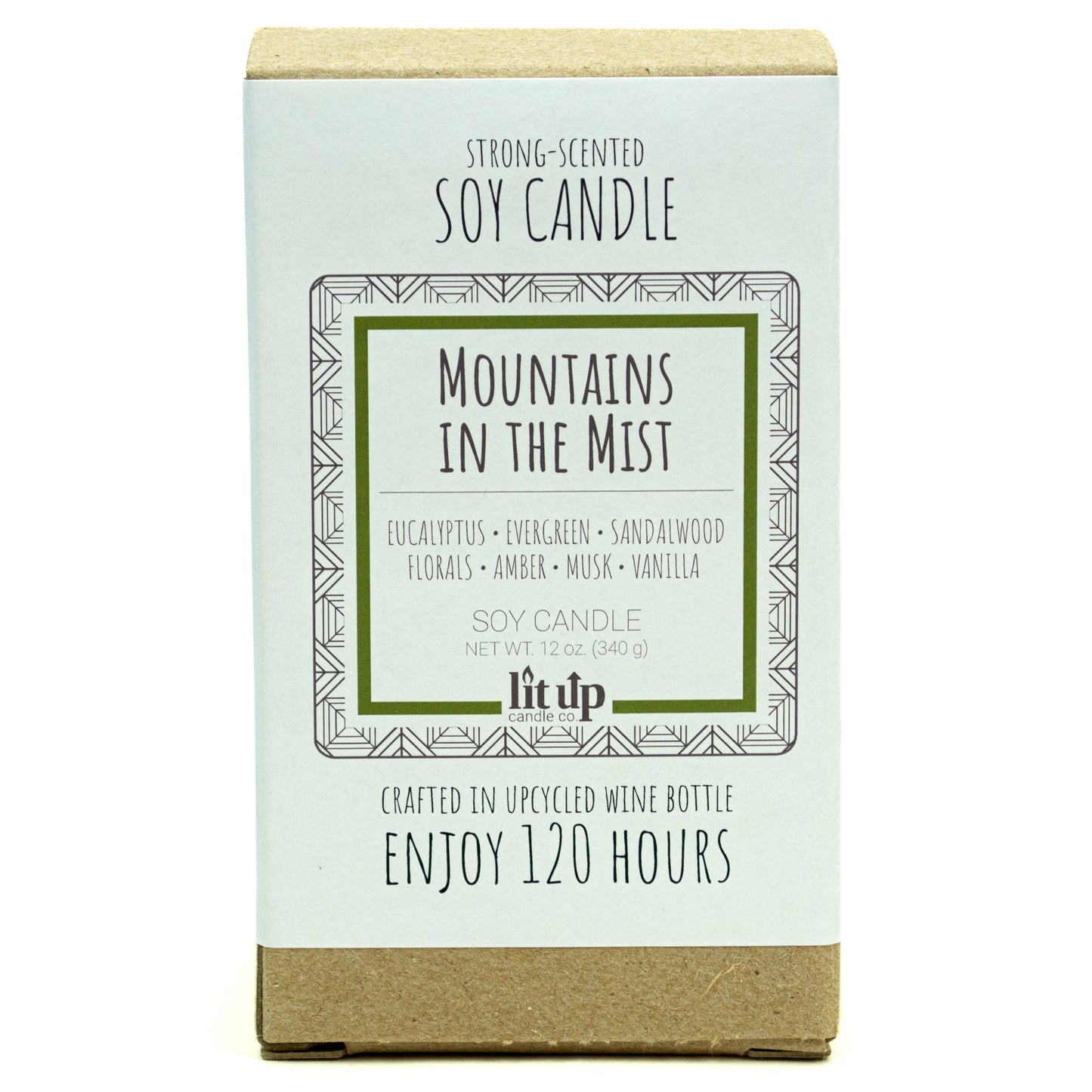 Mountains in the Mist 12 oz. soy candle in upcycled wine bottle | Eucalyptus, Sandalwood, Vanilla