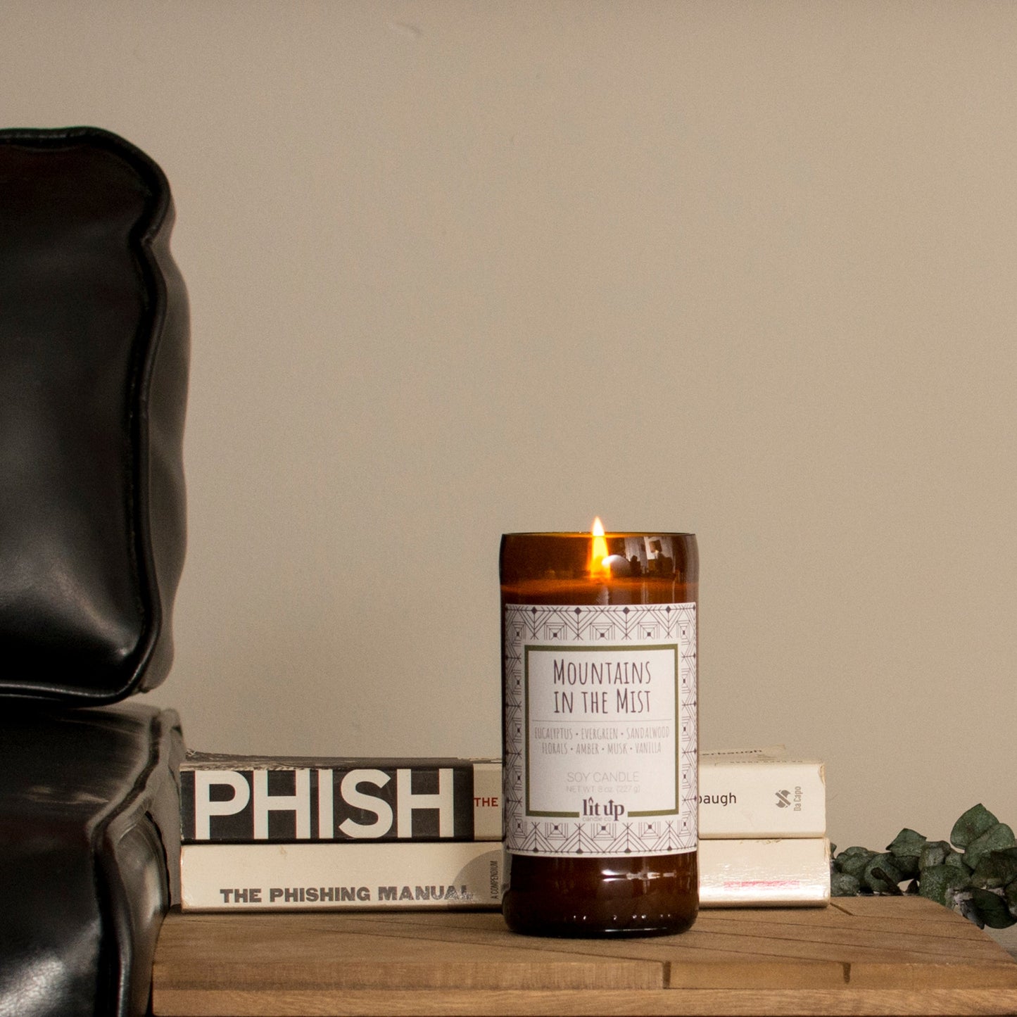Mountains in the Mist scented 8 oz. soy candle in upcycled beer bottle - FKA Earthen Oak