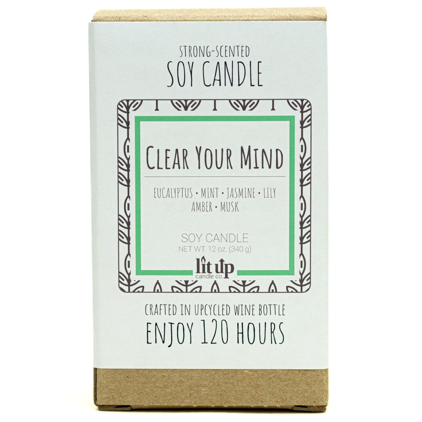 Clear Your Mind scented 12 oz. soy candle in upcycled wine bottle - FKA Eucalyptus Spearmint