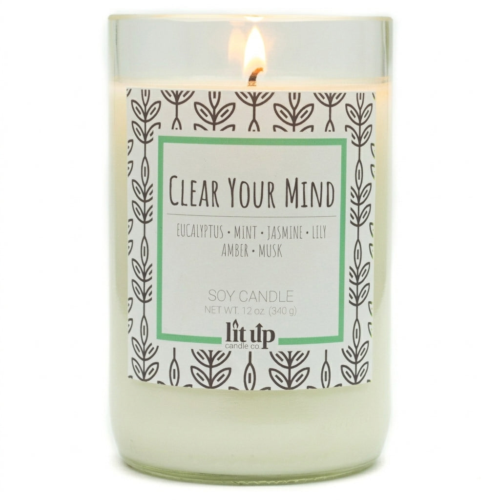 Clear Your Mind 12 oz. soy candle in upcycled wine bottle | Eucalyptus, Jasmine, Mint