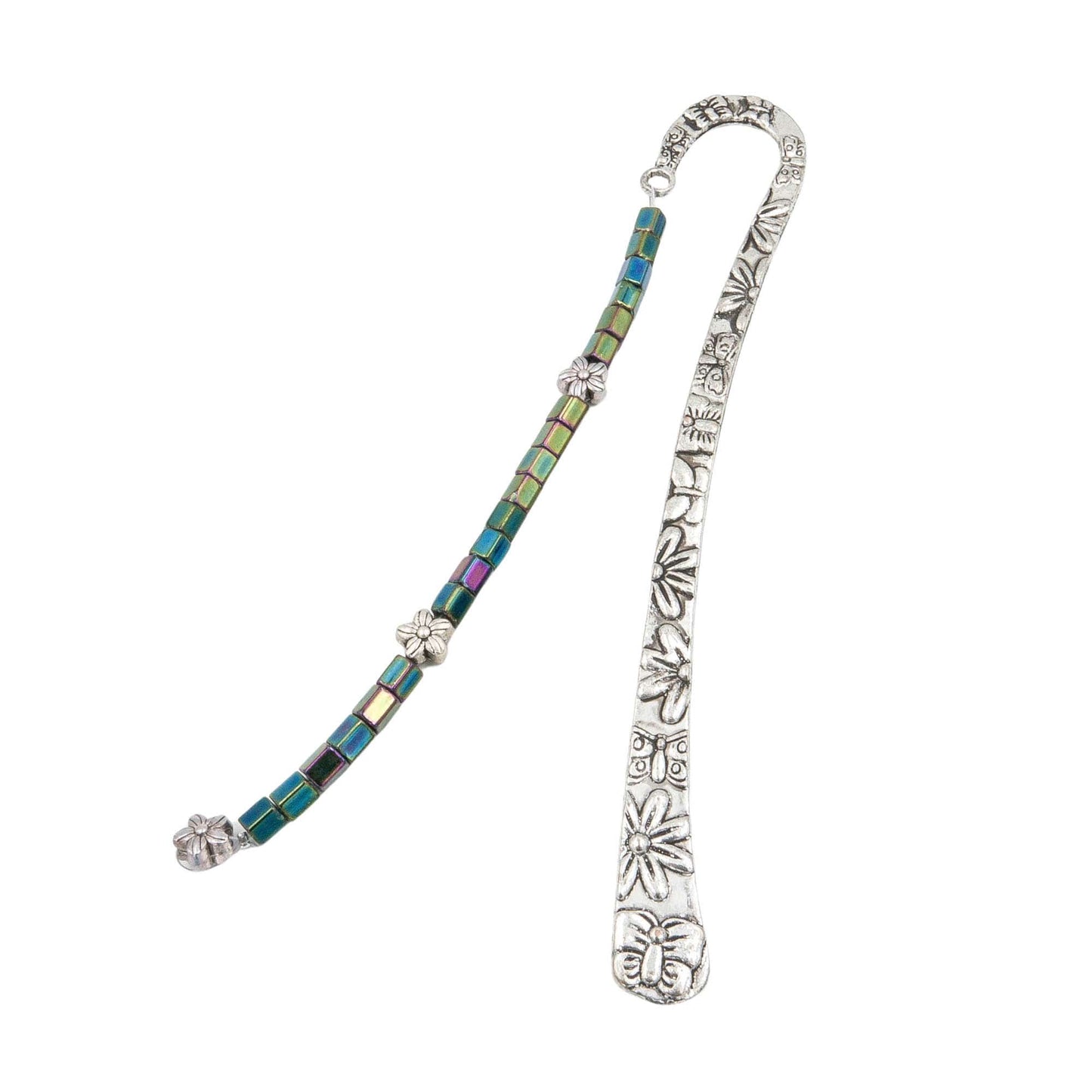 Bookmark - Iridescent Iris Green Czech Glass With Flowers