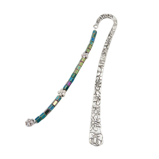 Bookmark - Iridescent Iris Green Czech Glass With Flowers