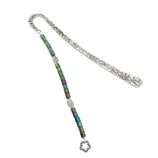 Bookmark - Iridescent Iris Green Czech Glass With Leaves