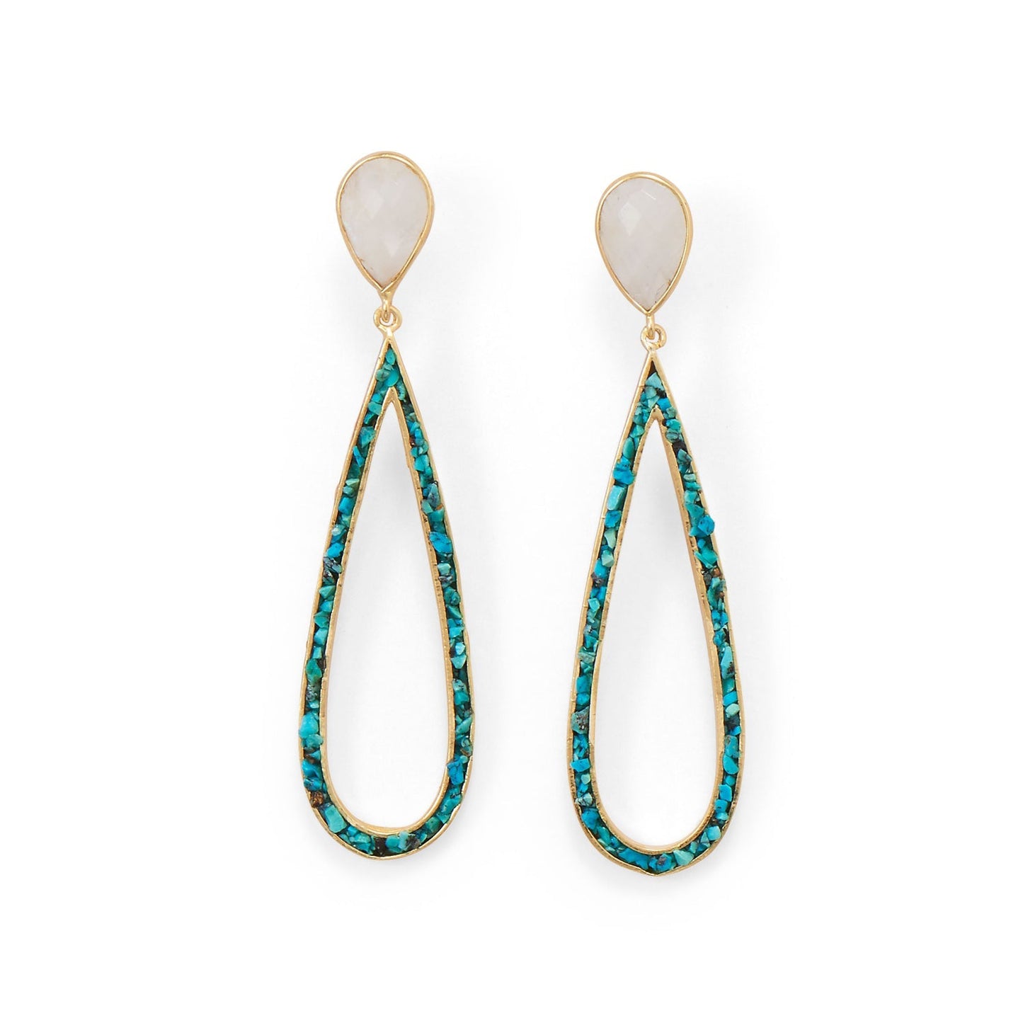 Gold Rainbow Moonstone & Turquoise Chip Dangling Post Earrings