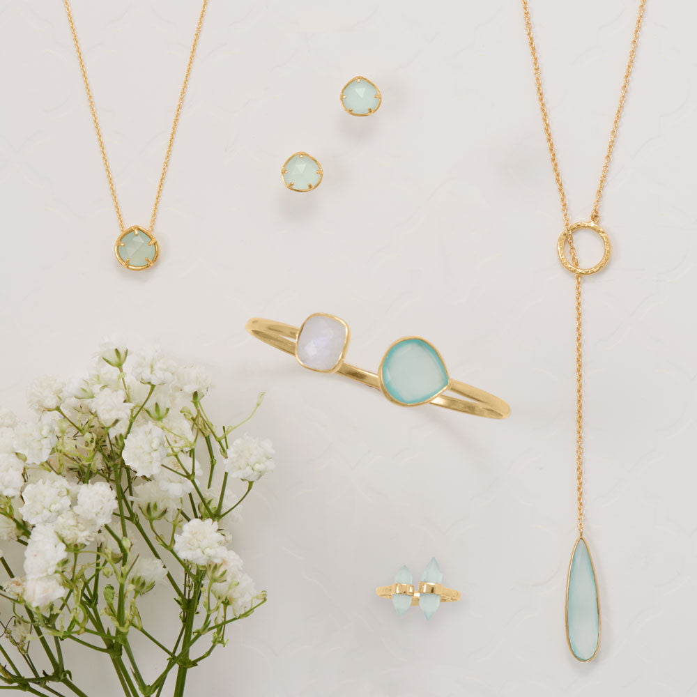 Gold Rainbow Moonstone & Green Chalcedony Cuff