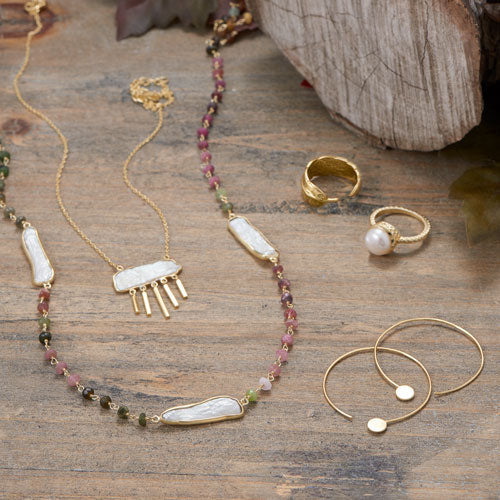 Long Colorful Tourmaline & Pearl Gold Necklace