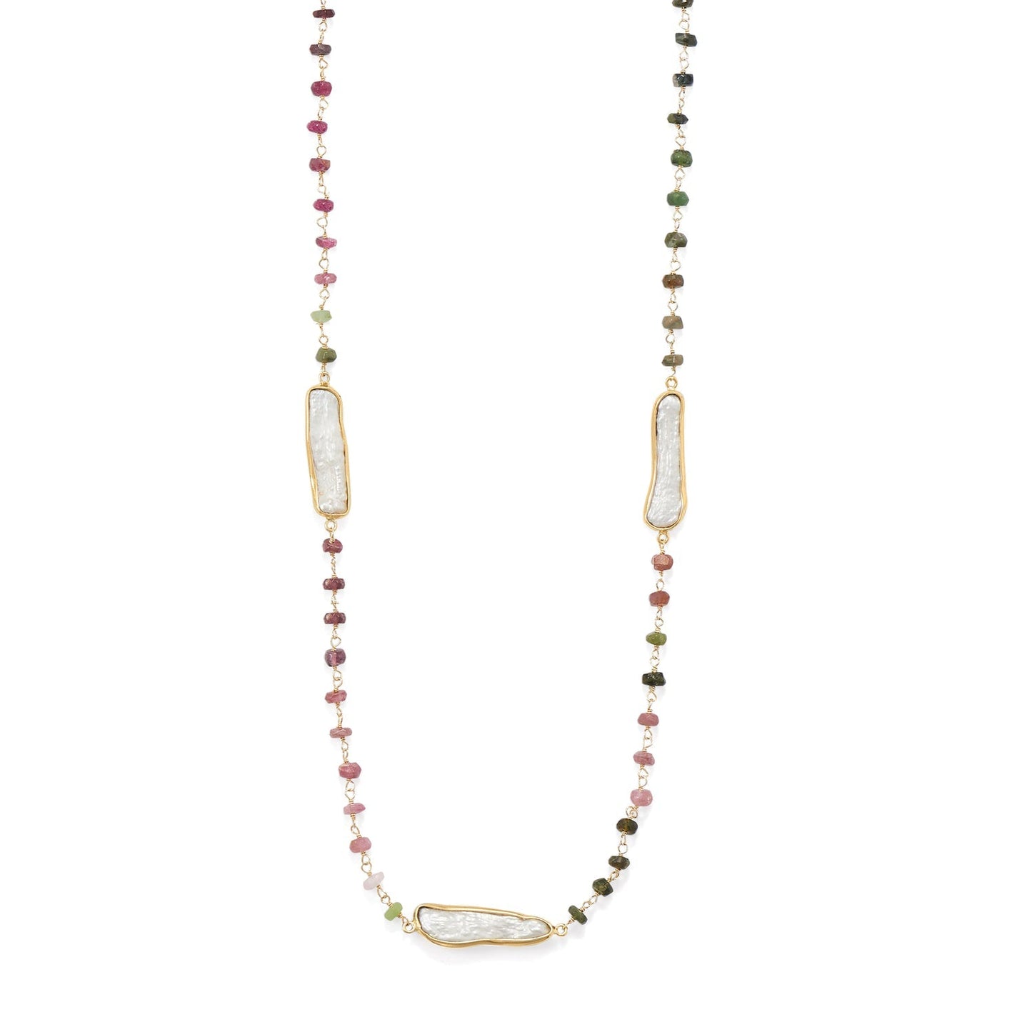 Long Colorful Tourmaline & Pearl Gold Necklace
