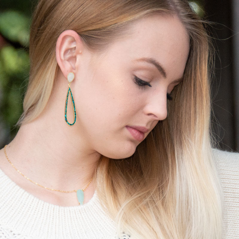 Gold Rainbow Moonstone & Turquoise Chip Dangling Post Earrings